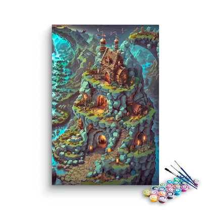 DIY Painting Kit -Fantasy Cliffside Village with Glowing Caves Paint by Numbers Kit
