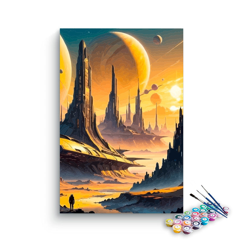 DIY Painting Kit -Sci-Fi Golden Planet City Paint by Numbers Kit