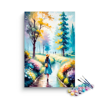 DIY Painting Kit -Girl in Blue Walking Through Spring Park Paint by Numbers Kit