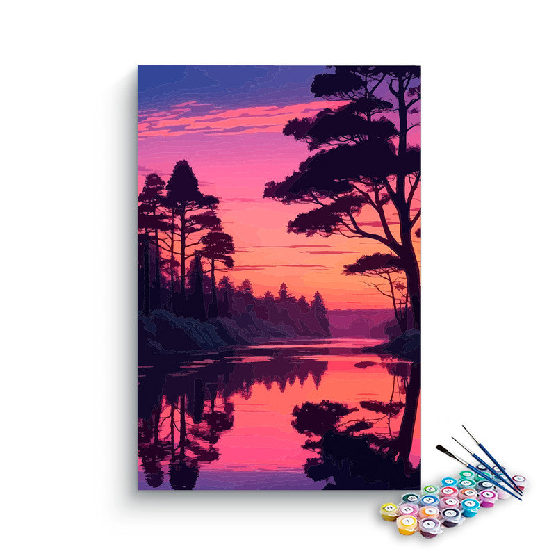 DIY Painting Kit -Pink Purple Forest Lake Reflection at Dusk Paint by Numbers Kit