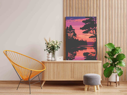 DIY Paint by numbers kit - Pink Purple Forest Lake Reflection at Dusk Paint by Numbers Kit