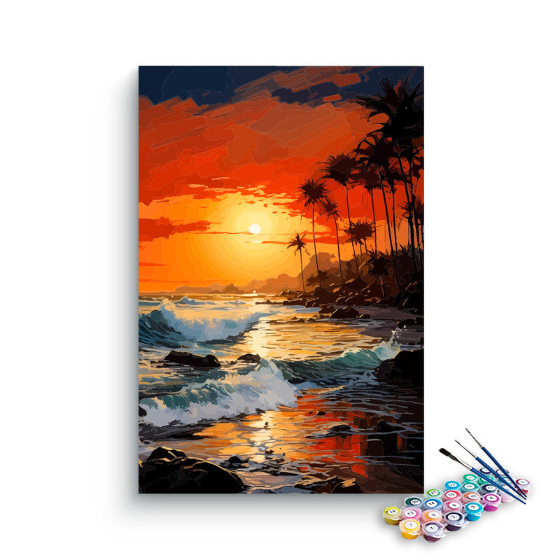 DIY Painting Kit -Fiery Tropical Beach Sunset with Crashing Waves Paint by Numbers Kit