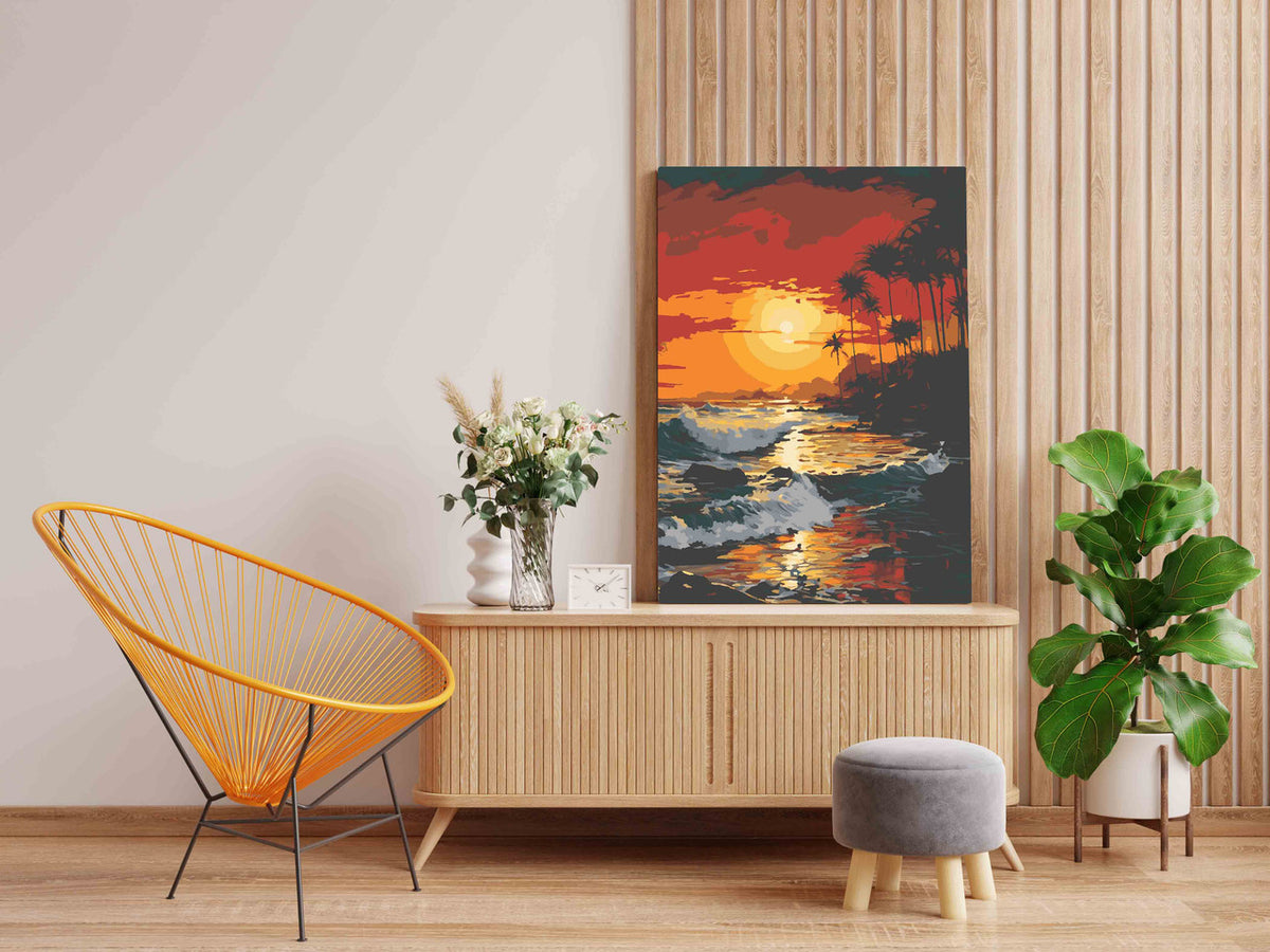 DIY Paint by numbers kit - Fiery Tropical Beach Sunset with Crashing Waves Paint by Numbers Kit