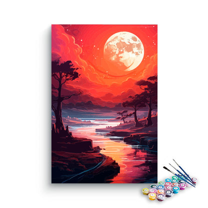 DIY Painting Kit -Blood Moon Red River Wilderness Paint by Numbers Kit