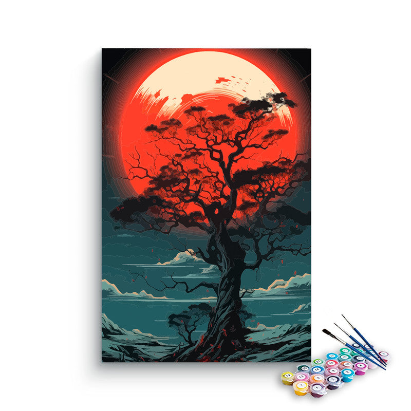 DIY Painting Kit -Lone Tree Against Giant Red Moon Paint by Numbers Kit