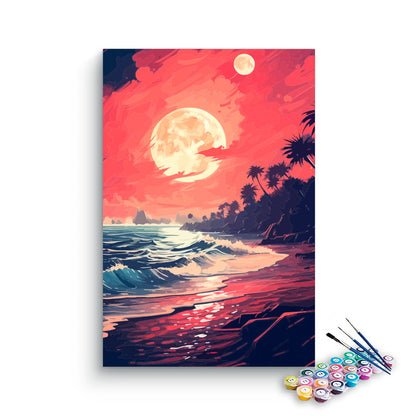 DIY Painting Kit -Pink Moonlit Tropical Beach with Ocean Waves Paint by Numbers Kit