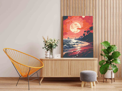 DIY Paint by numbers kit - Pink Moonlit Tropical Beach with Ocean Waves Paint by Numbers Kit