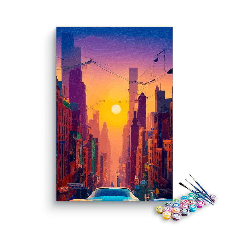 DIY Painting Kit -NYC Cityscape Sunset with Vintage Car Paint by Numbers Kit