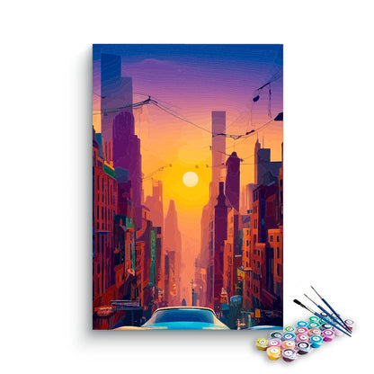 DIY Painting Kit -NYC Cityscape Sunset with Vintage Car Paint by Numbers Kit