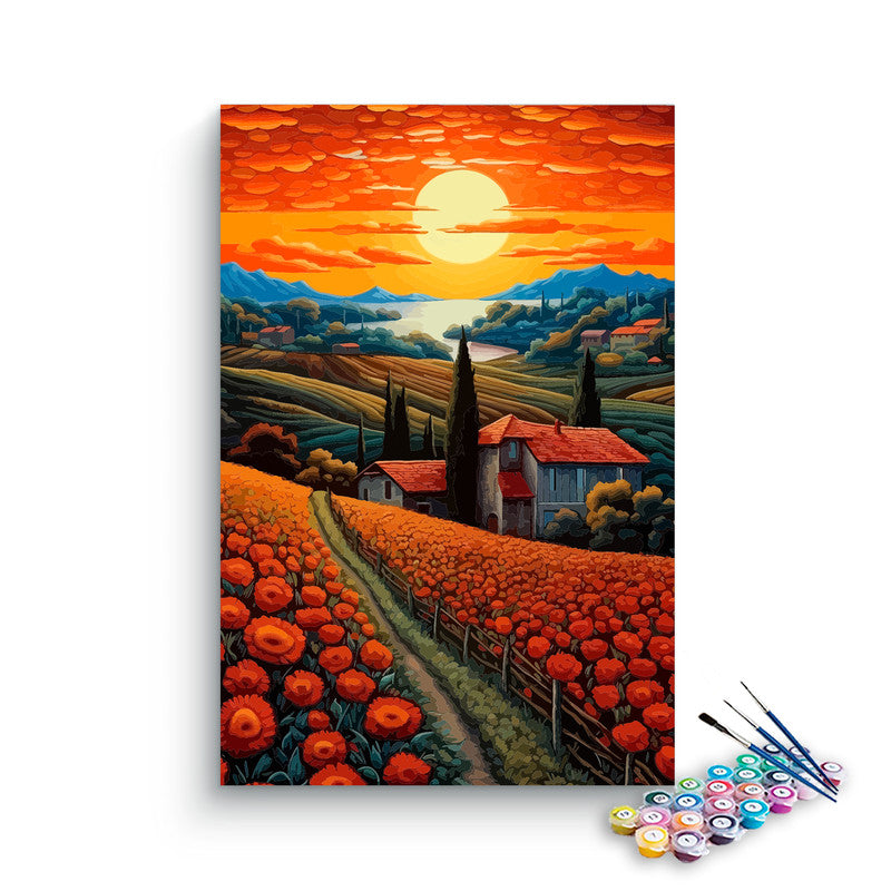 DIY Painting Kit -Tuscan Countryside Poppy Field Sunset Paint by Numbers Kit