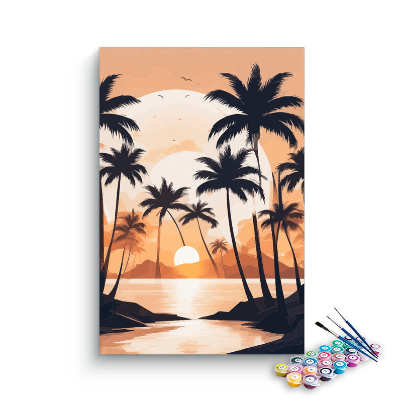 DIY Painting Kit -Tropical Palm Tree Silhouette Beach Sunset Paint by Numbers Kit