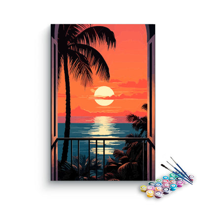 DIY Painting Kit -Tropical Balcony Ocean Sunset Paint by Numbers Kit