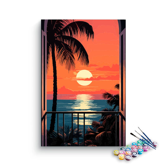 DIY Painting Kit -Tropical Balcony Ocean Sunset Paint by Numbers Kit