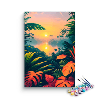 DIY Painting Kit -Tropical Jungle Monstera Leaf River Sunset Paint by Numbers Kit