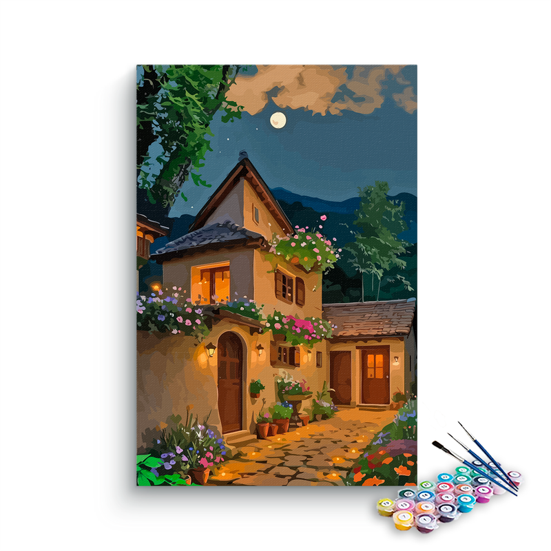 DIY Painting Kit -Moonlit Cottage with Flowers Night Scene Paint by Numbers Kit