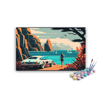 DIY Painting Kit -Coastal Cliffside Vintage Car and Woman by the Sea Paint by Numbers Kit
