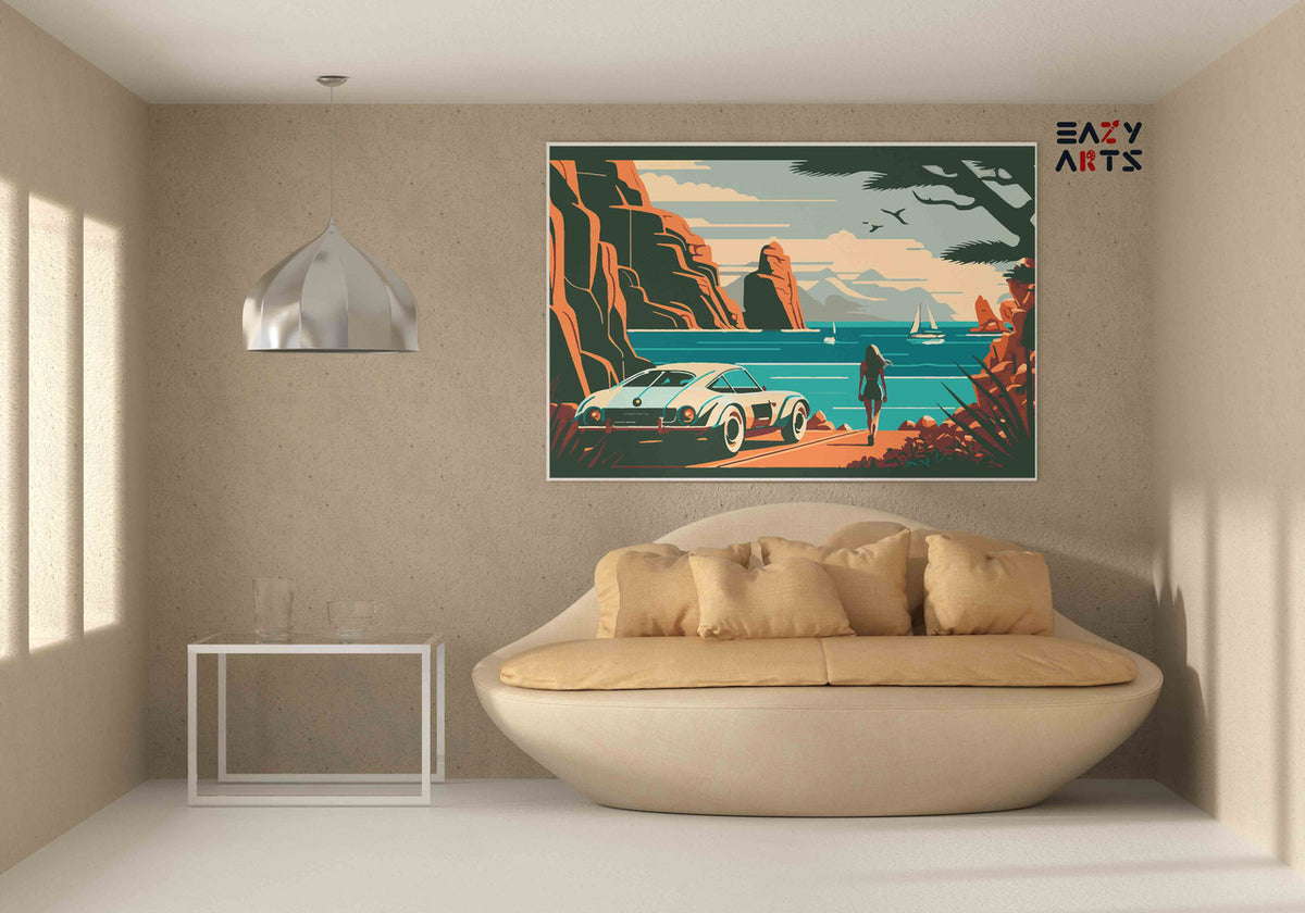 DIY Paint by numbers kit - Coastal Cliffside Vintage Car and Woman by the Sea Paint by Numbers Kit