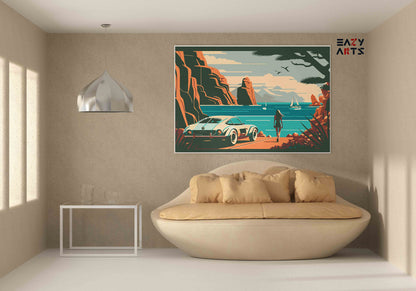 DIY Paint by numbers kit - Coastal Cliffside Vintage Car and Woman by the Sea Paint by Numbers Kit