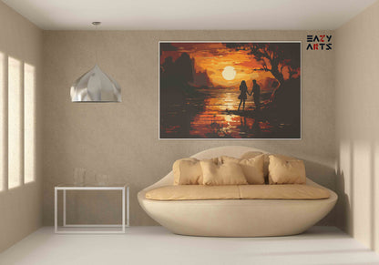 DIY Paint by numbers kit - Romantic Couple Sunset by the River Paint by Numbers Kit