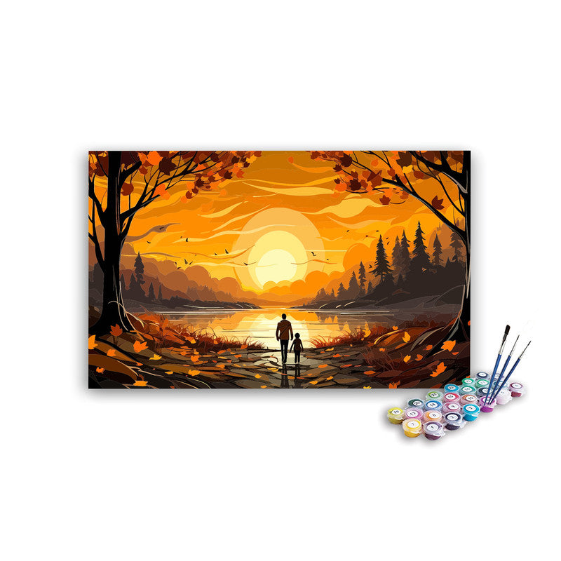 DIY Painting Kit -Father and Child Autumn Forest Lake Sunset Paint by Numbers Kit