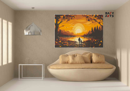 DIY Paint by numbers kit - Father and Child Autumn Forest Lake Sunset Paint by Numbers Kit