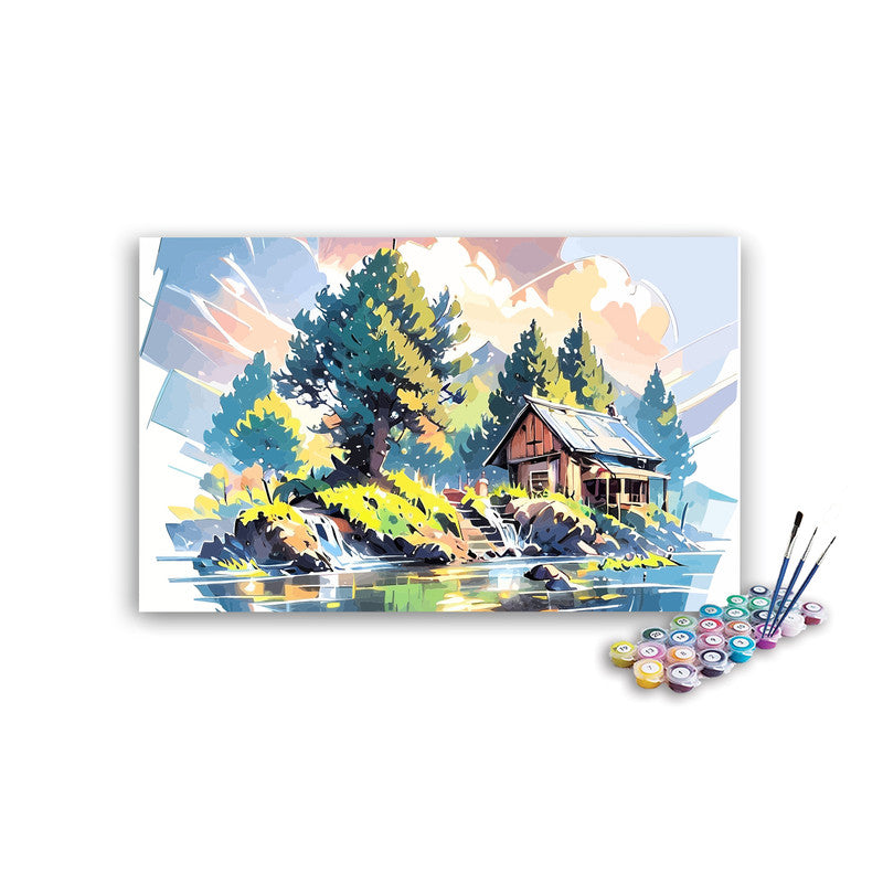 DIY Painting Kit -Lakeside Cabin with Waterfall Daydream Paint by Numbers Kit