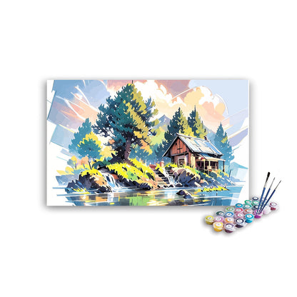DIY Painting Kit -Lakeside Cabin with Waterfall Daydream Paint by Numbers Kit