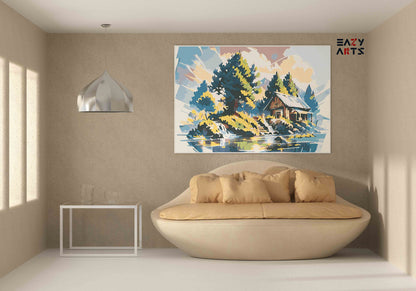DIY Paint by numbers kit - Lakeside Cabin with Waterfall Daydream Paint by Numbers Kit