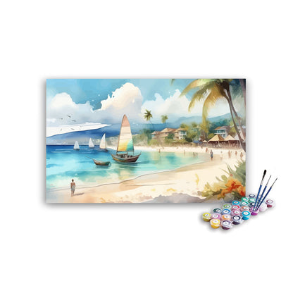 DIY Painting Kit -Tropical Beach with Sailboats Watercolour Scene Paint by Numbers Kit