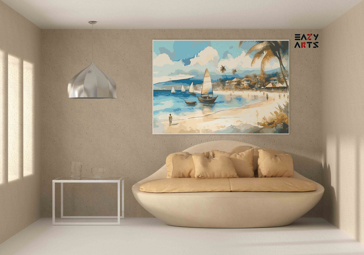 DIY Paint by numbers kit - Tropical Beach with Sailboats Watercolour Scene Paint by Numbers Kit