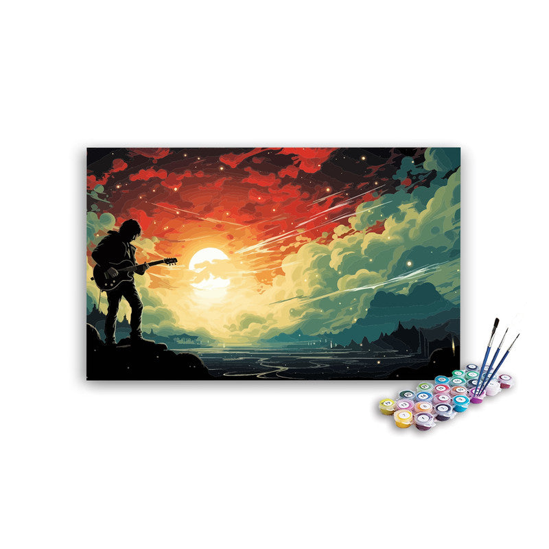 DIY Painting Kit -Guitarist Silhouette Against Stormy Sky Sunset Paint by Numbers Kit