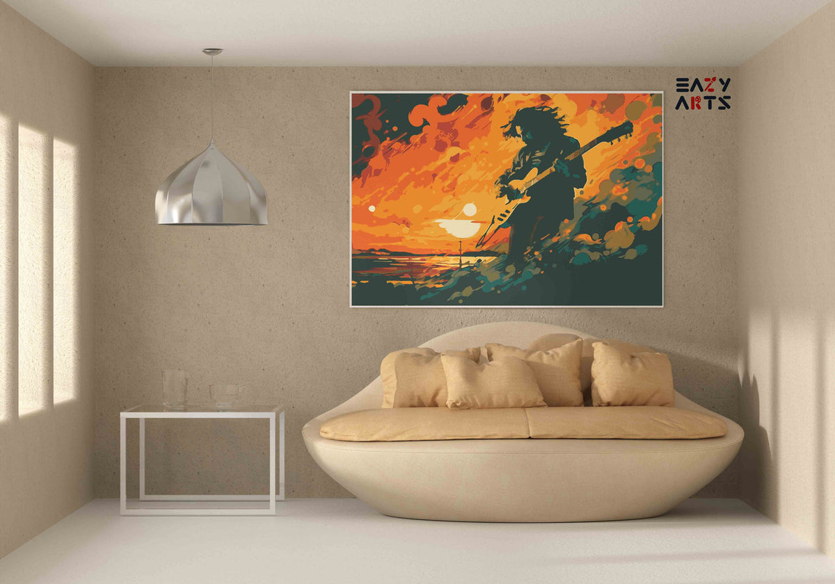 DIY Paint by numbers kit - Rock Guitarist in Fiery Orange Storm Paint by Numbers Kit