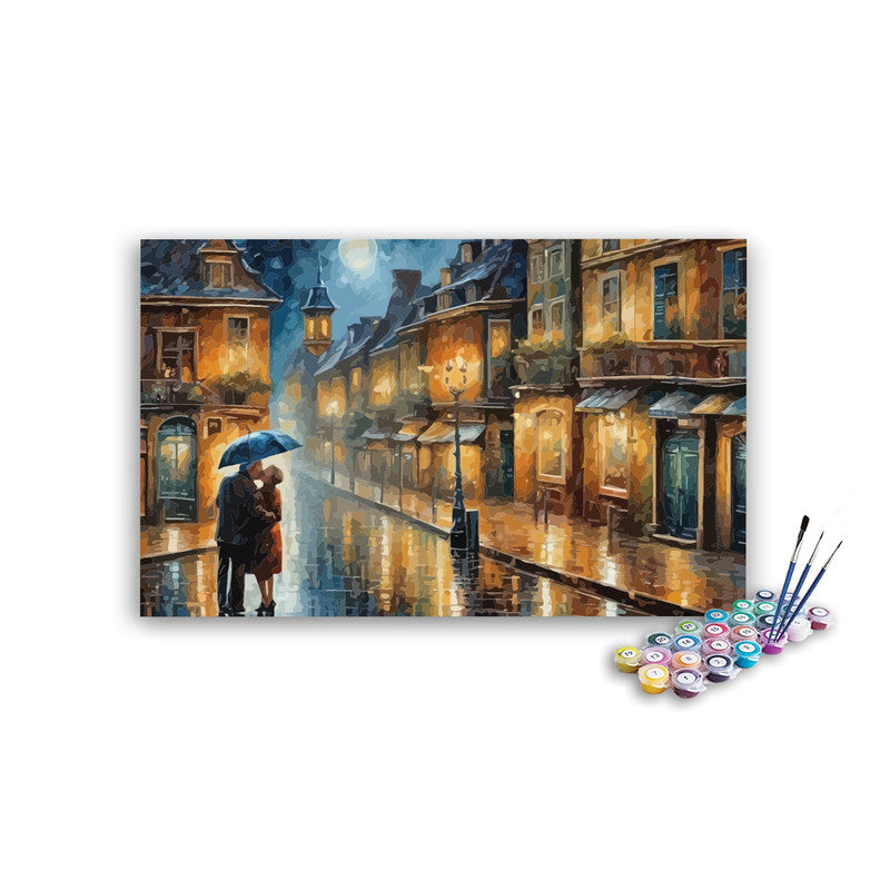 DIY Painting Kit -Couple in the Rain Moonlit European Street Paint by Numbers Kit