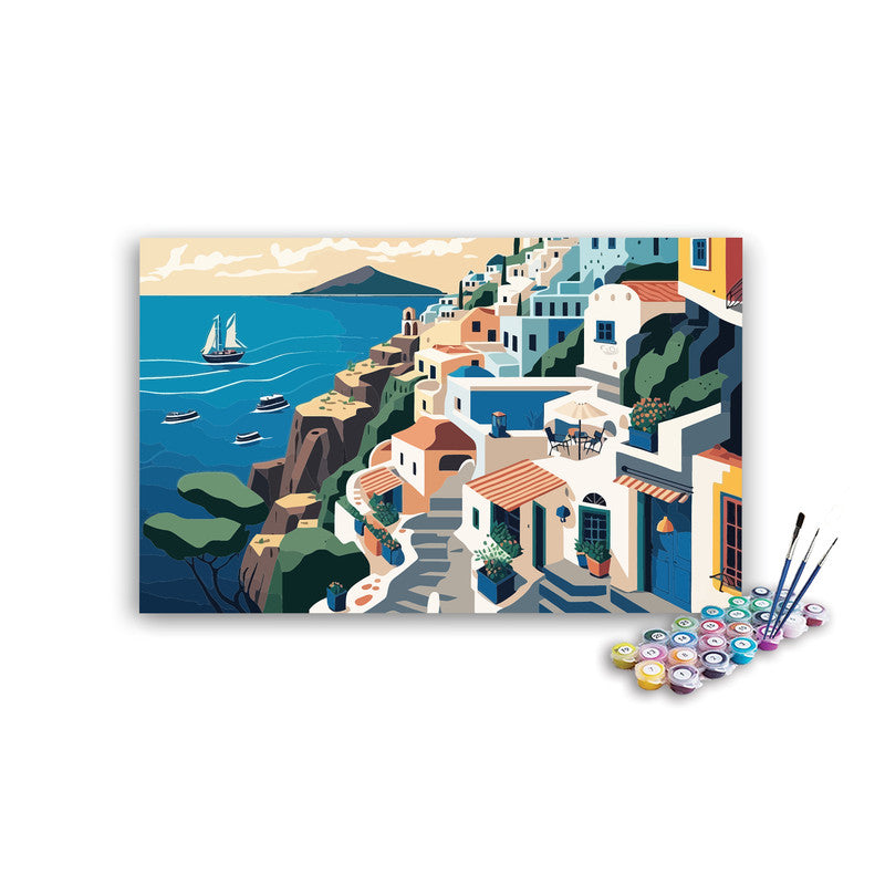 DIY Painting Kit -Santorini Cliffside Village with Sailboats Paint by Numbers Kit