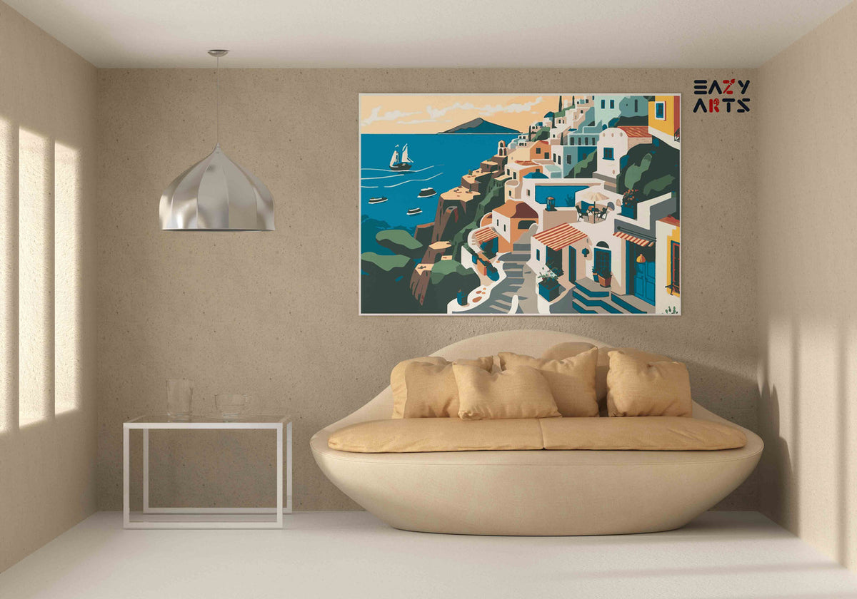 DIY Paint by numbers kit - Santorini Cliffside Village with Sailboats Paint by Numbers Kit
