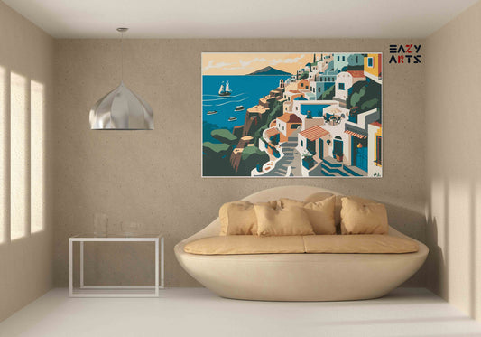 DIY Paint by numbers kit - Santorini Cliffside Village with Sailboats Paint by Numbers Kit