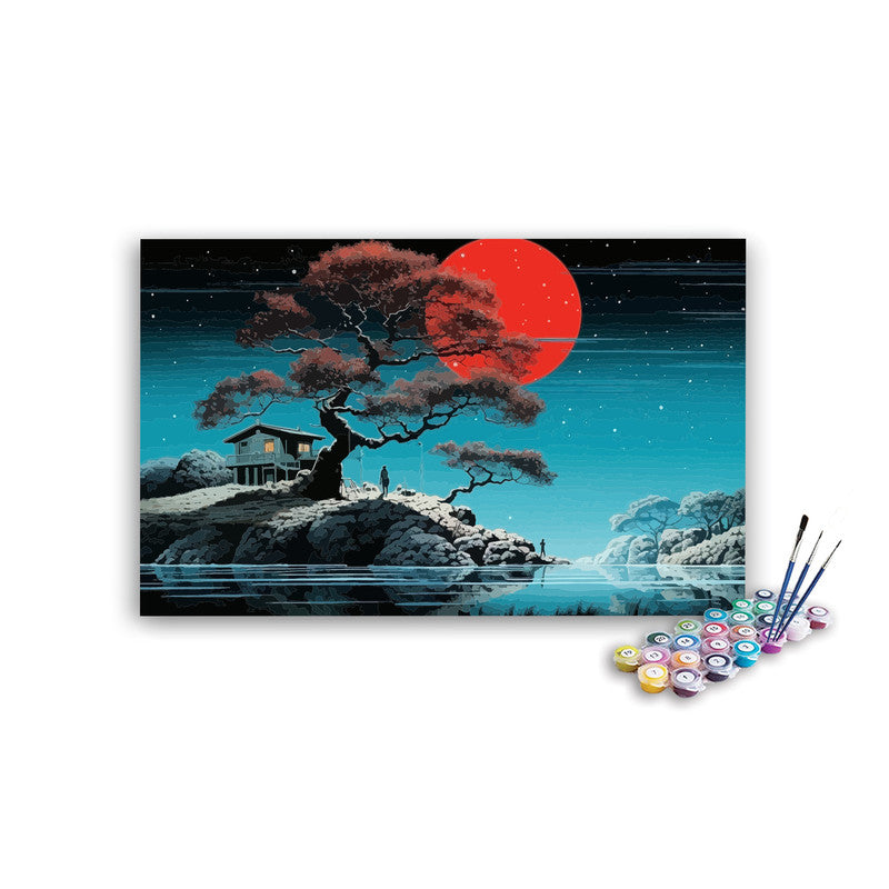 DIY Painting Kit -Japanese Bonsai Island with Red Moon Night Paint by Numbers Kit
