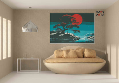 DIY Paint by numbers kit - Japanese Bonsai Island with Red Moon Night Paint by Numbers Kit