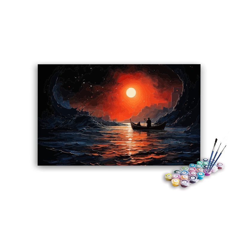 DIY Painting Kit -Lone Boat on Stormy Sea Under Blood Moon Paint by Numbers Kit