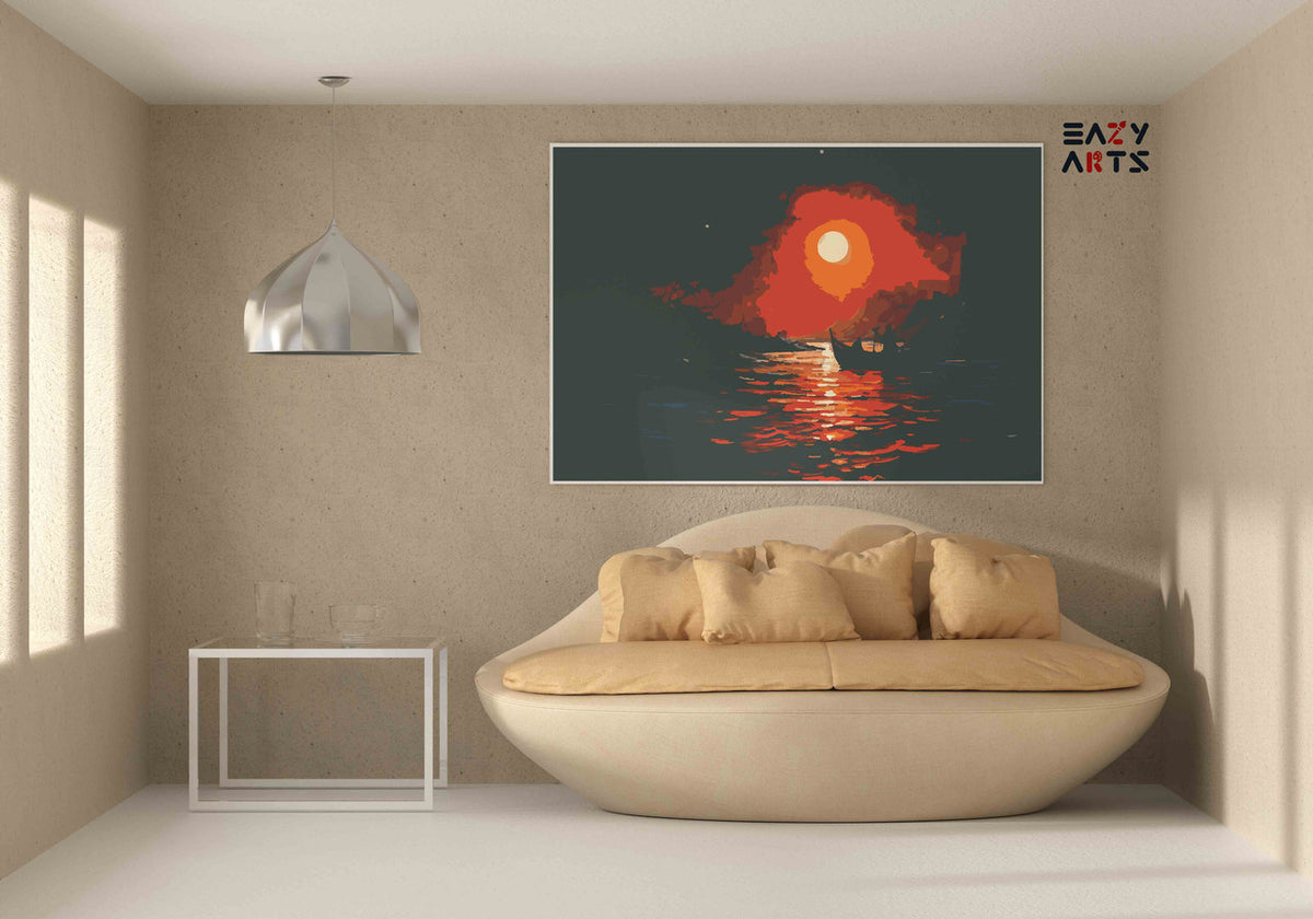 DIY Paint by numbers kit - Lone Boat on Stormy Sea Under Blood Moon Paint by Numbers Kit