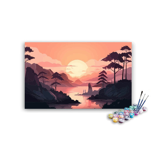 DIY Painting Kit -Serene Pink Sunset Valley with Silhouette Trees Paint by Numbers Kit