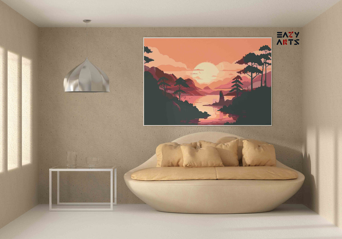 DIY Paint by numbers kit - Serene Pink Sunset Valley with Silhouette Trees Paint by Numbers Kit