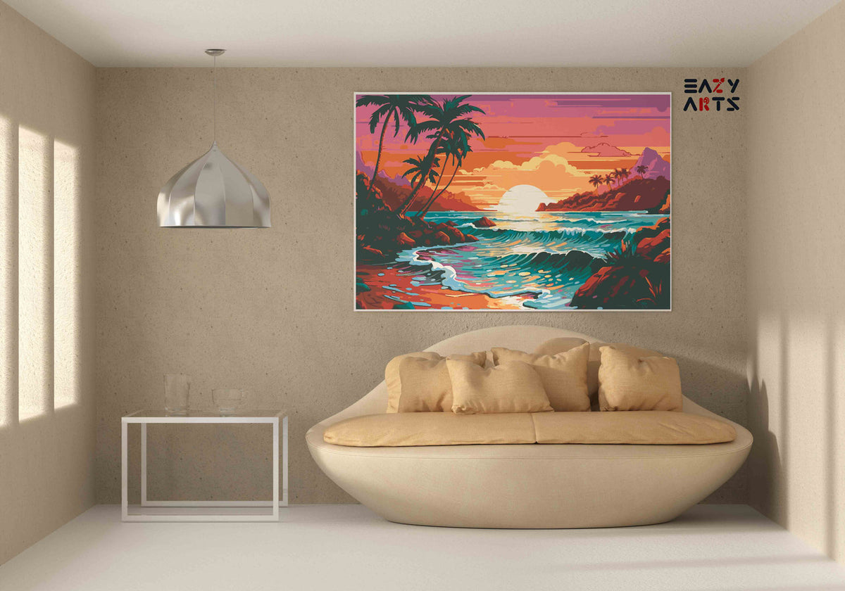 DIY Paint by numbers kit - Tropical Beach Sunset with Ocean Waves Paint by Numbers Kit