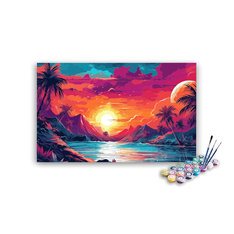 DIY Painting Kit -Neon Tropical Island Sunset with Giant Moon Paint by Numbers Kit