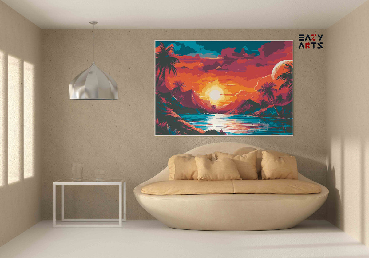 DIY Paint by numbers kit - Neon Tropical Island Sunset with Giant Moon Paint by Numbers Kit