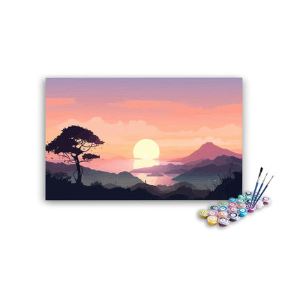 DIY Painting Kit -Japanese Pine Tree Silhouette Mountain Sunset Paint by Numbers Kit
