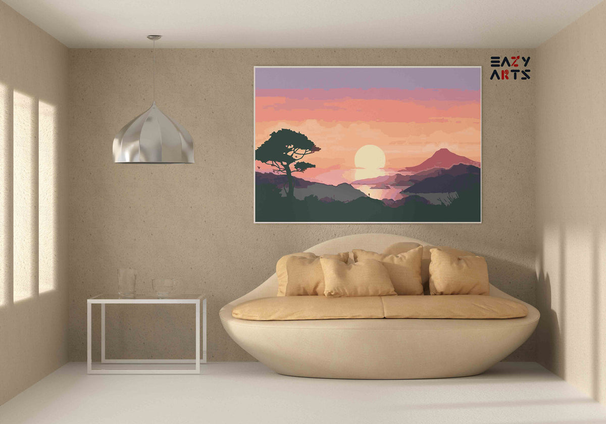 DIY Paint by numbers kit - Japanese Pine Tree Silhouette Mountain Sunset Paint by Numbers Kit