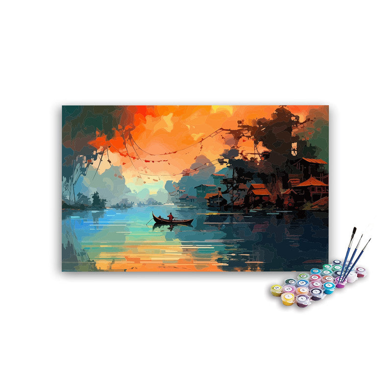 DIY Painting Kit -Asian River Village with Boat at Sunset Paint by Numbers Kit