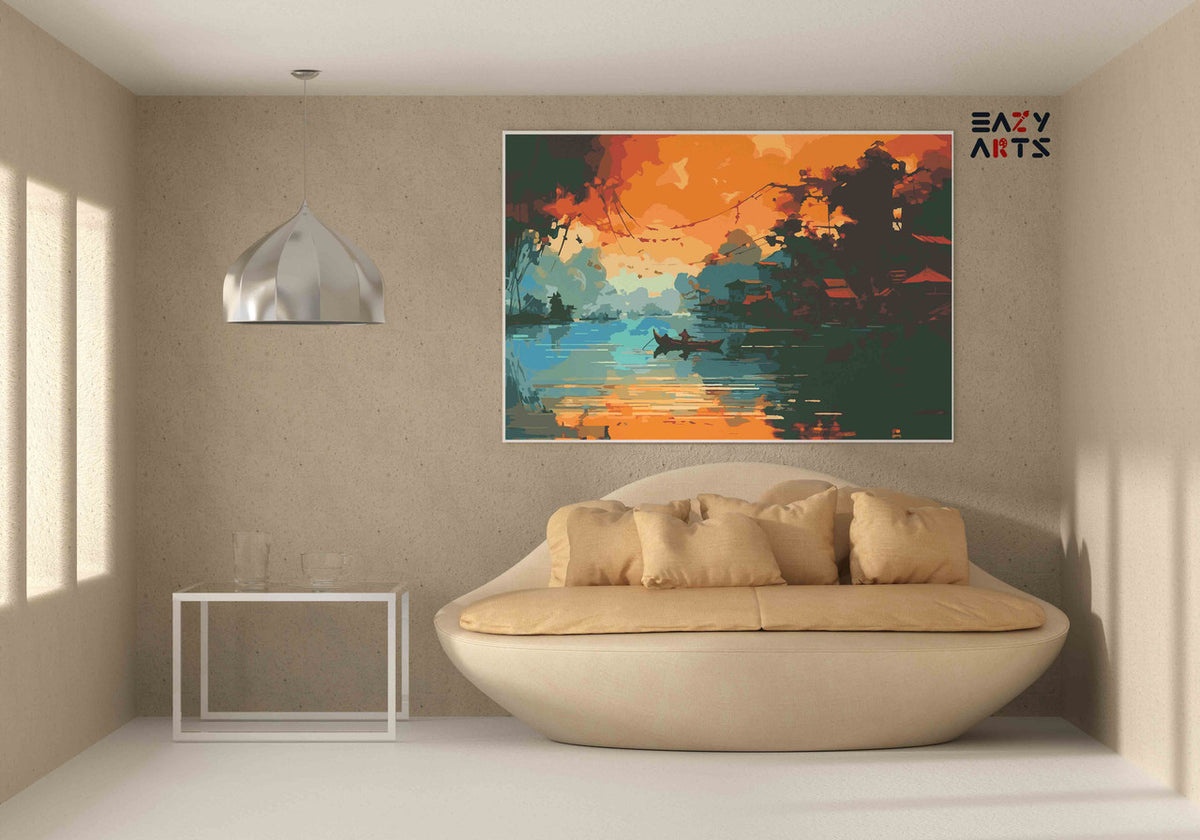 DIY Paint by numbers kit - Asian River Village with Boat at Sunset Paint by Numbers Kit