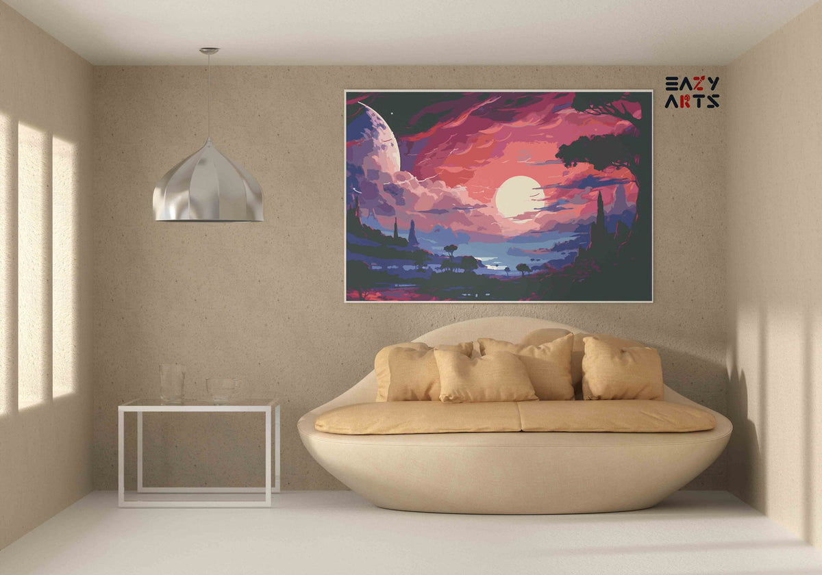 DIY Paint by numbers kit - Fantasy Alien Planet with Giant Moon Paint by Numbers Kit